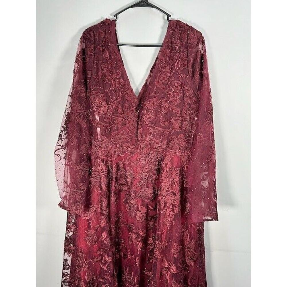 NWT Mac Duggal Embellished Illusion Gown Dress Long Sleeve Maroon Plus Size 18 - Picture 5 of 13